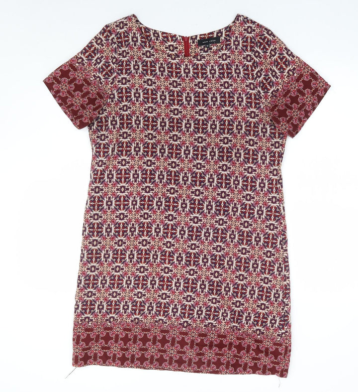 New Look Womens Red Geometric Polyester Shift Size 12 Round Neck Zip