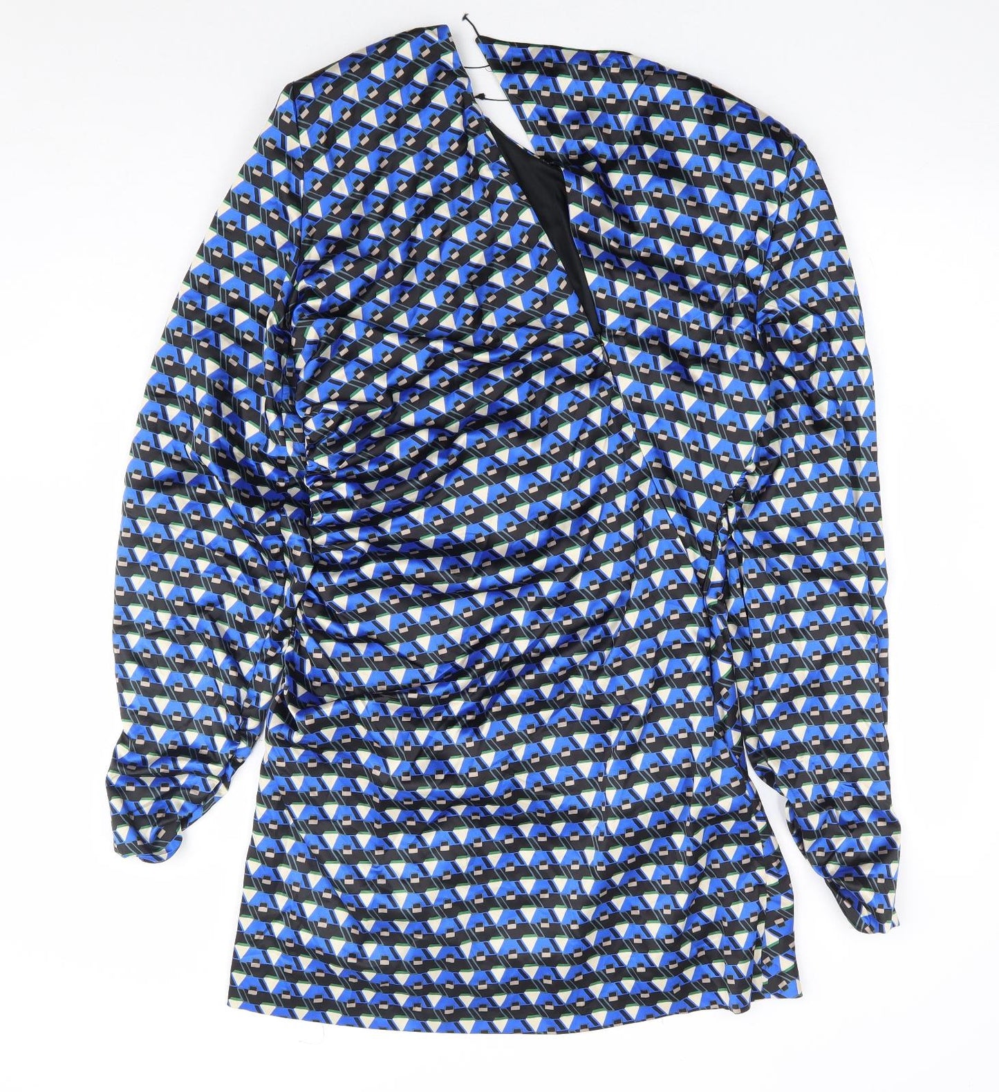 Zara Womens Blue Geometric Polyester Bodycon Size L Round Neck Zip