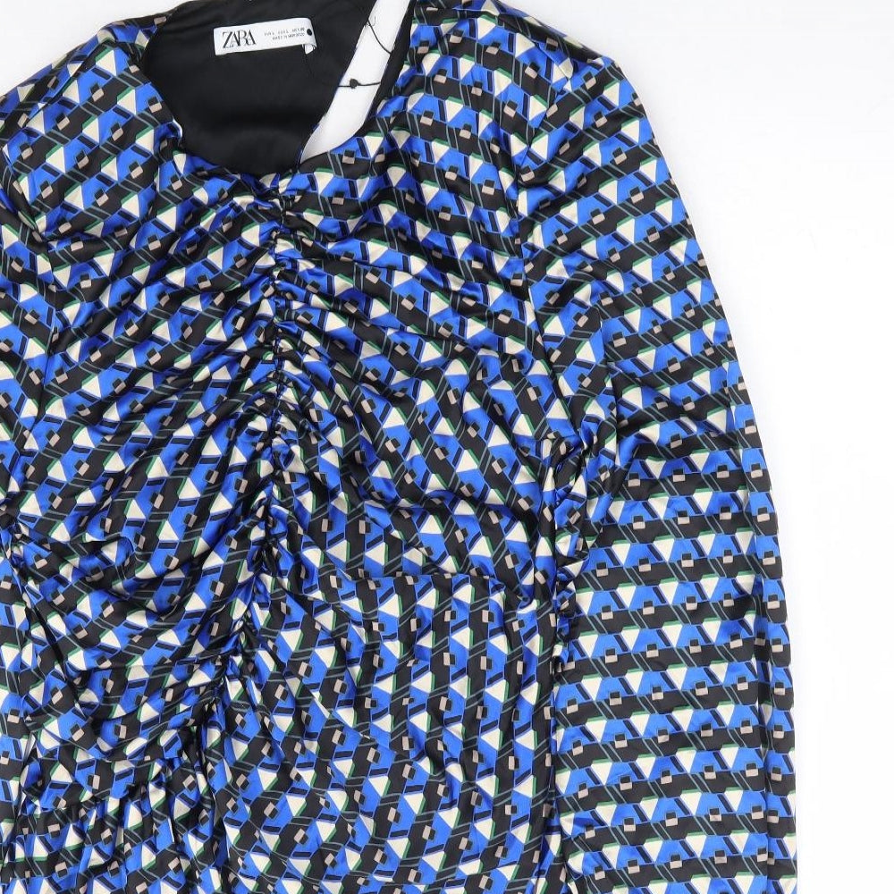 Zara Womens Blue Geometric Polyester Bodycon Size L Round Neck Zip