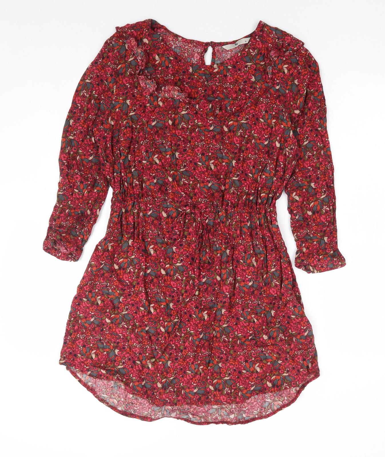TU Womens Red Floral Viscose Fit & Flare Size 12 Round Neck Tie