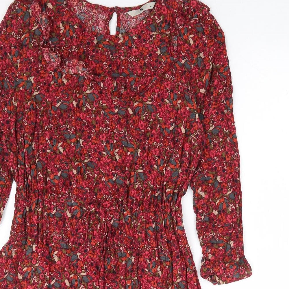 TU Womens Red Floral Viscose Fit & Flare Size 12 Round Neck Tie