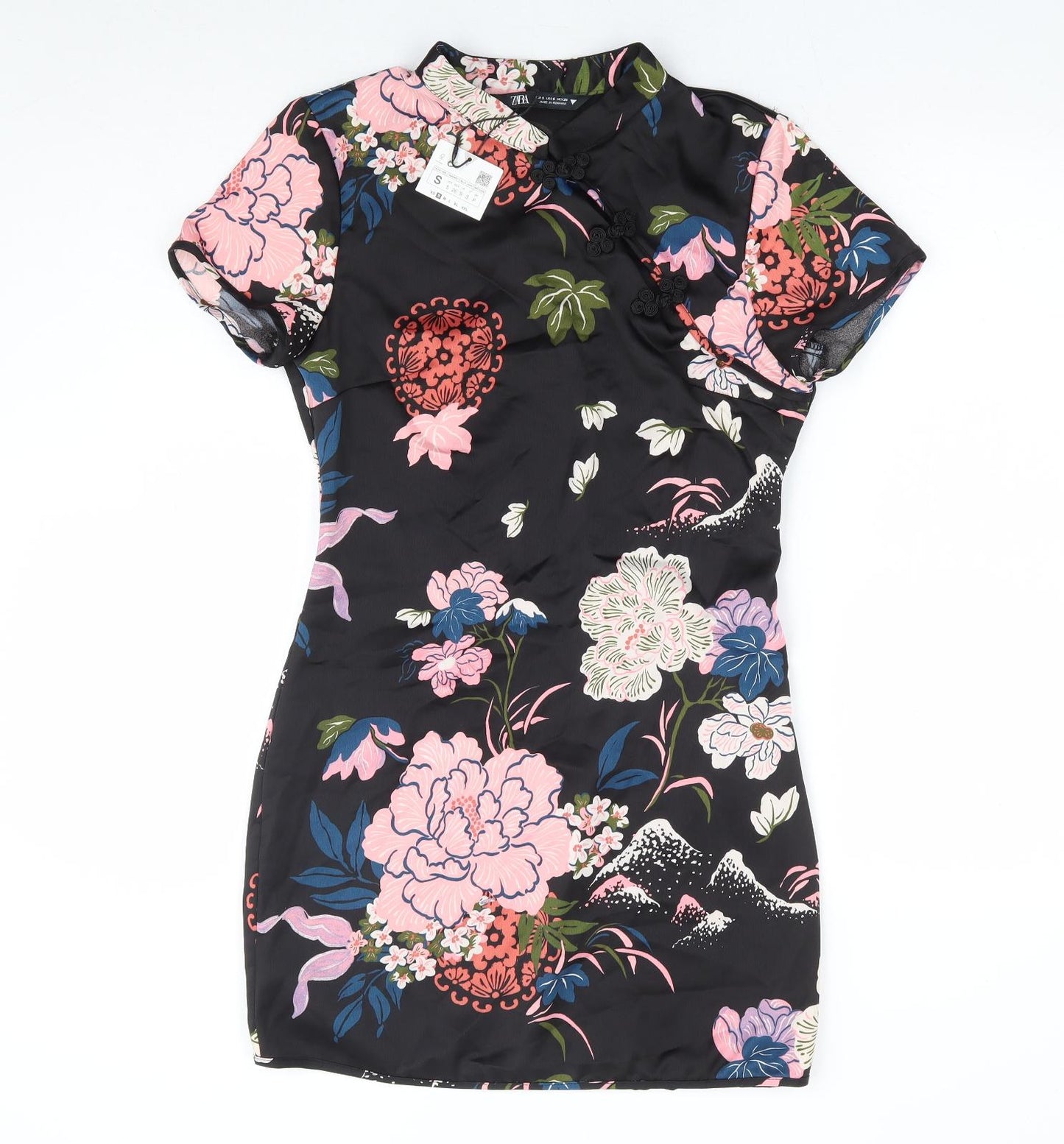 Zara Womens Black Floral Polyester Bodycon Size S Crew Neck Zip