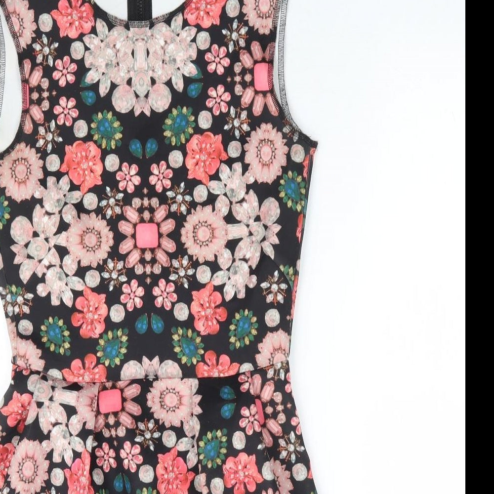 H&M Womens Black Geometric Polyester Fit & Flare Size S Round Neck Zip - Jewel Print