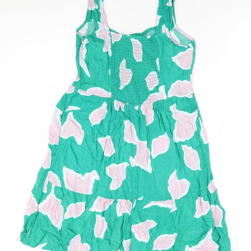 NEXT Womens Green Floral Viscose Fit & Flare Size 10 Square Neck Button - Shirred Back Panel