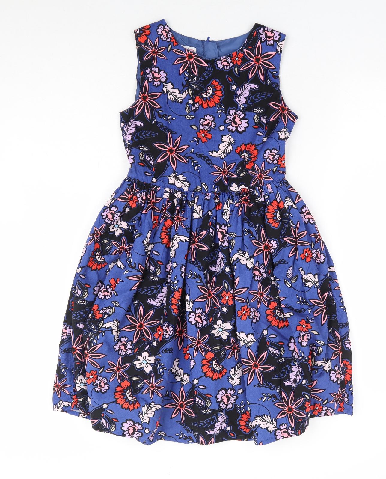John Lewis Girls Blue Floral Cotton Fit & Flare Size 9 Years Round Neck Zip