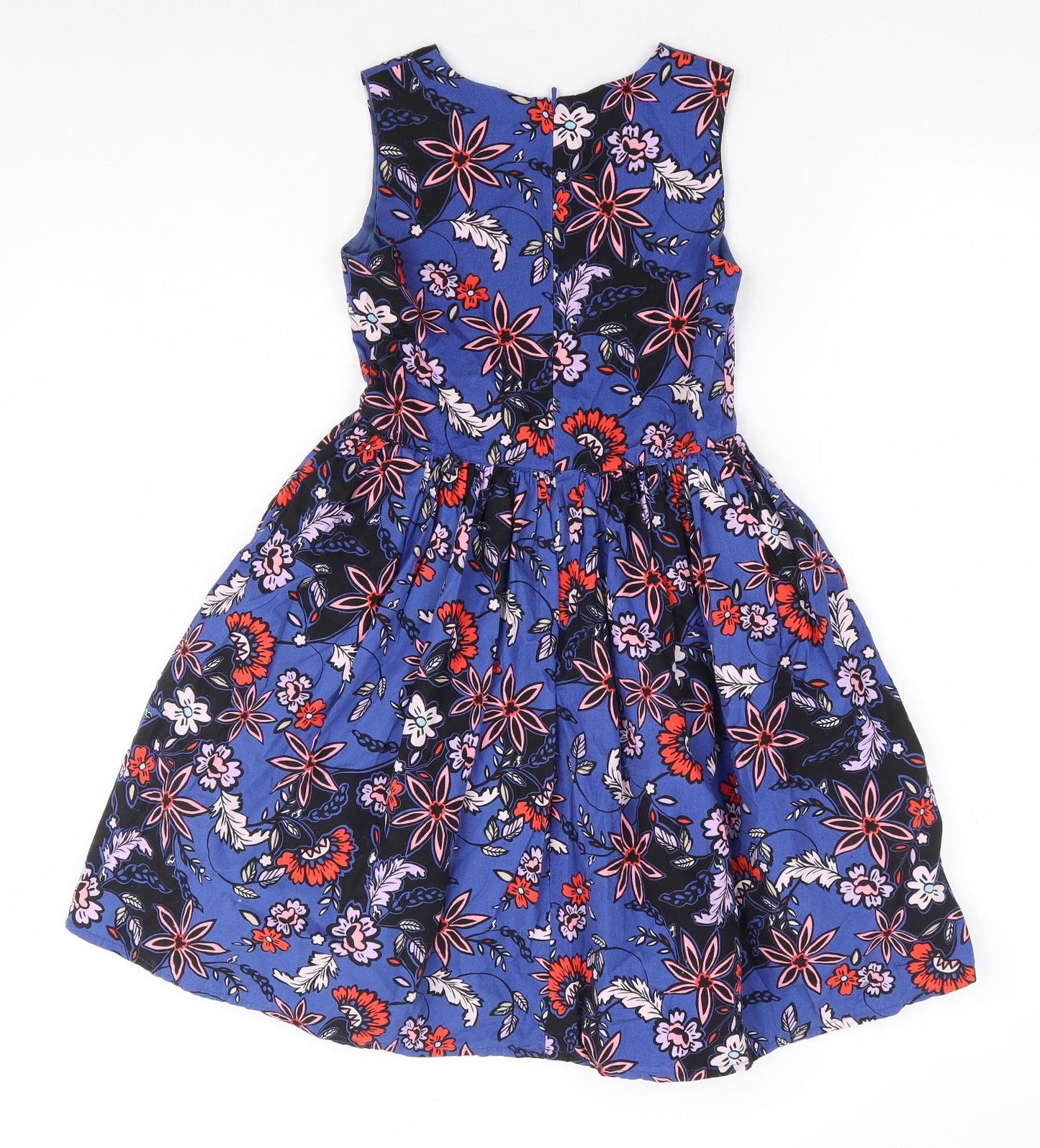 John Lewis Girls Blue Floral Cotton Fit & Flare Size 9 Years Round Neck Zip
