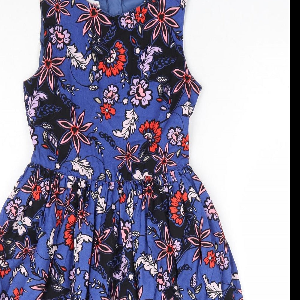 John Lewis Girls Blue Floral Cotton Fit & Flare Size 9 Years Round Neck Zip