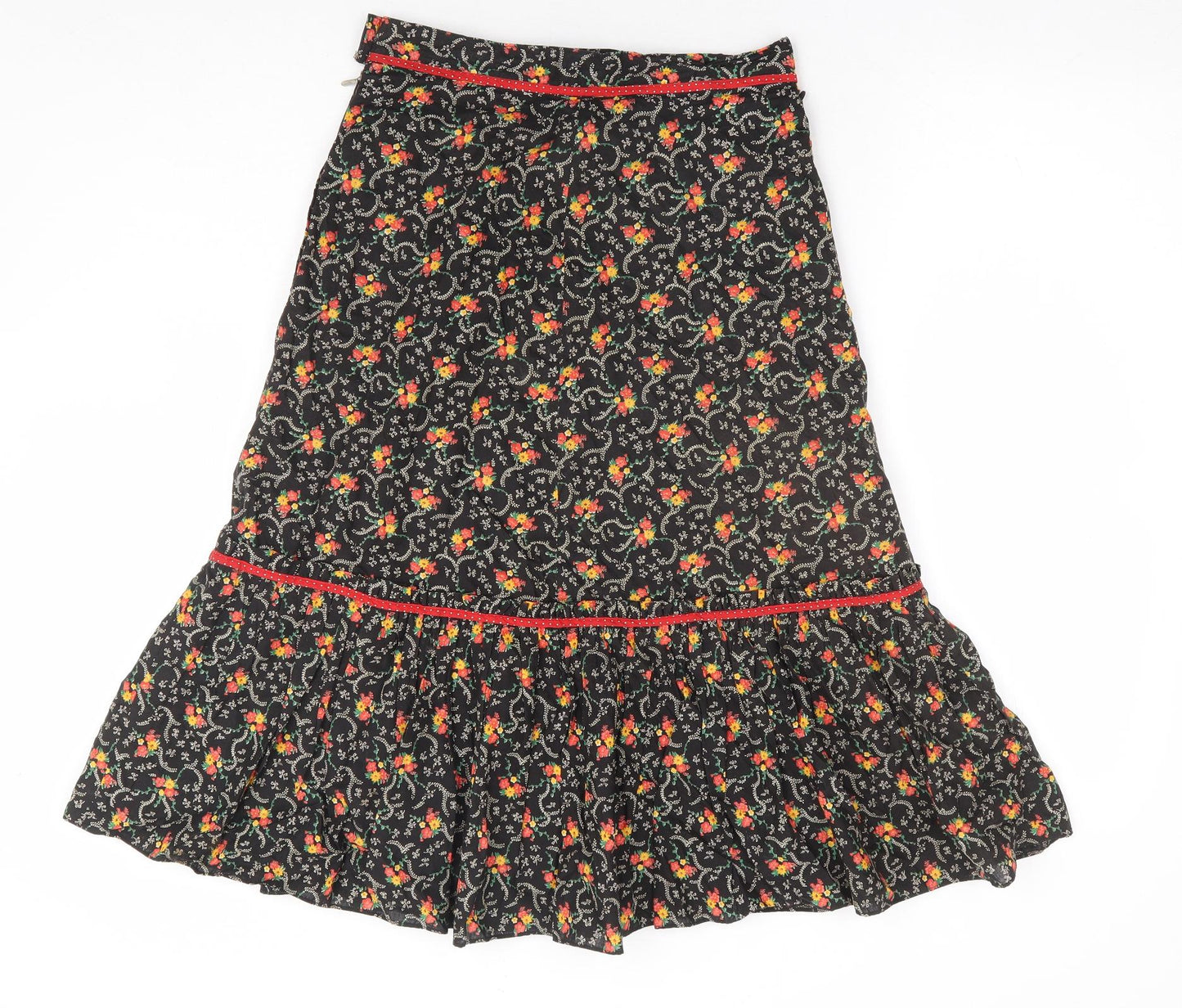 Elkont Womens Black Floral Cotton A-Line Skirt Size 8 Zip