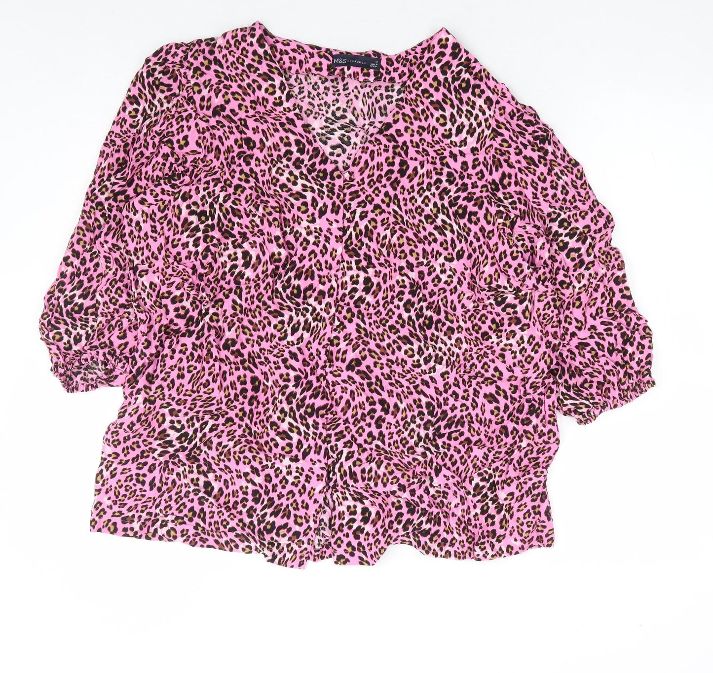 Marks and Spencer Womens Pink Animal Print Viscose Basic Blouse Size 18 V-Neck - Leopard Print