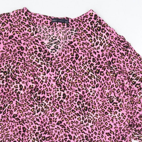 Marks and Spencer Womens Pink Animal Print Viscose Basic Blouse Size 18 V-Neck - Leopard Print