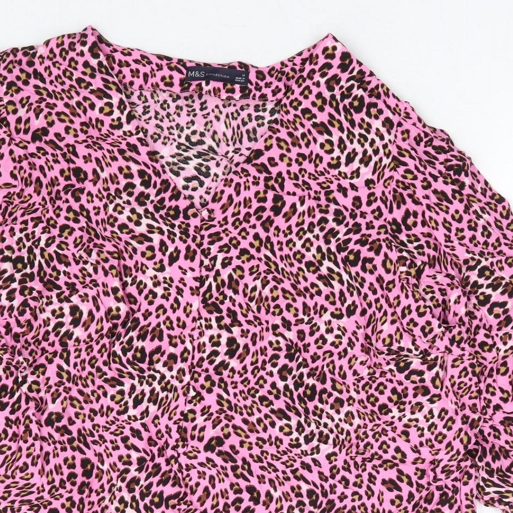 Marks and Spencer Womens Pink Animal Print Viscose Basic Blouse Size 18 V-Neck - Leopard Print
