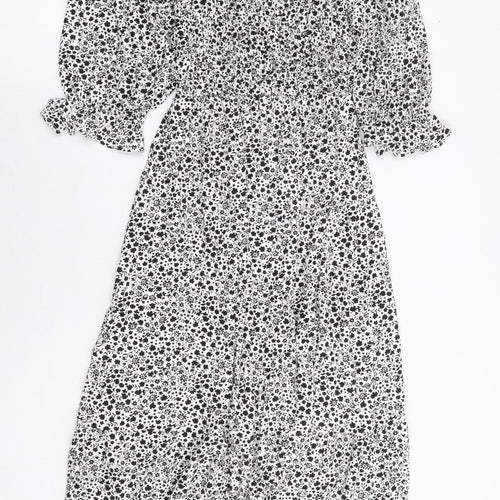 Marks and Spencer Womens White Floral Viscose Fit & Flare Size 6 Square Neck Pullover - Shirred Bust