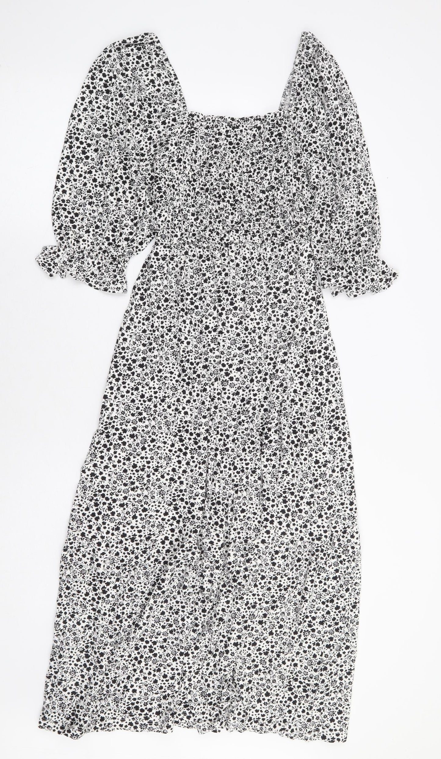 Marks and Spencer Womens White Floral Viscose Fit & Flare Size 6 Square Neck Pullover - Shirred Bust