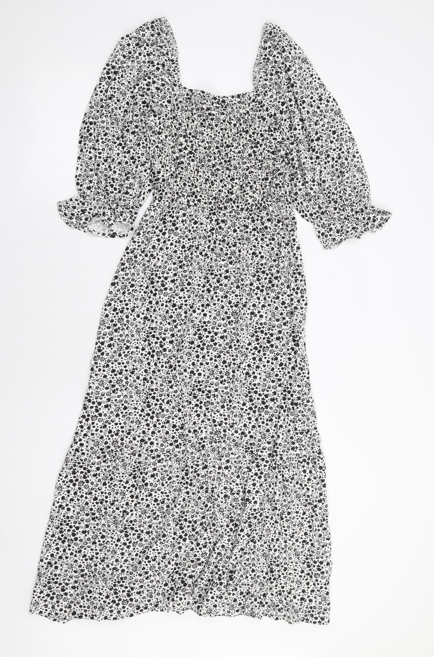 Marks and Spencer Womens White Floral Viscose Fit & Flare Size 6 Square Neck Pullover - Shirred Bust