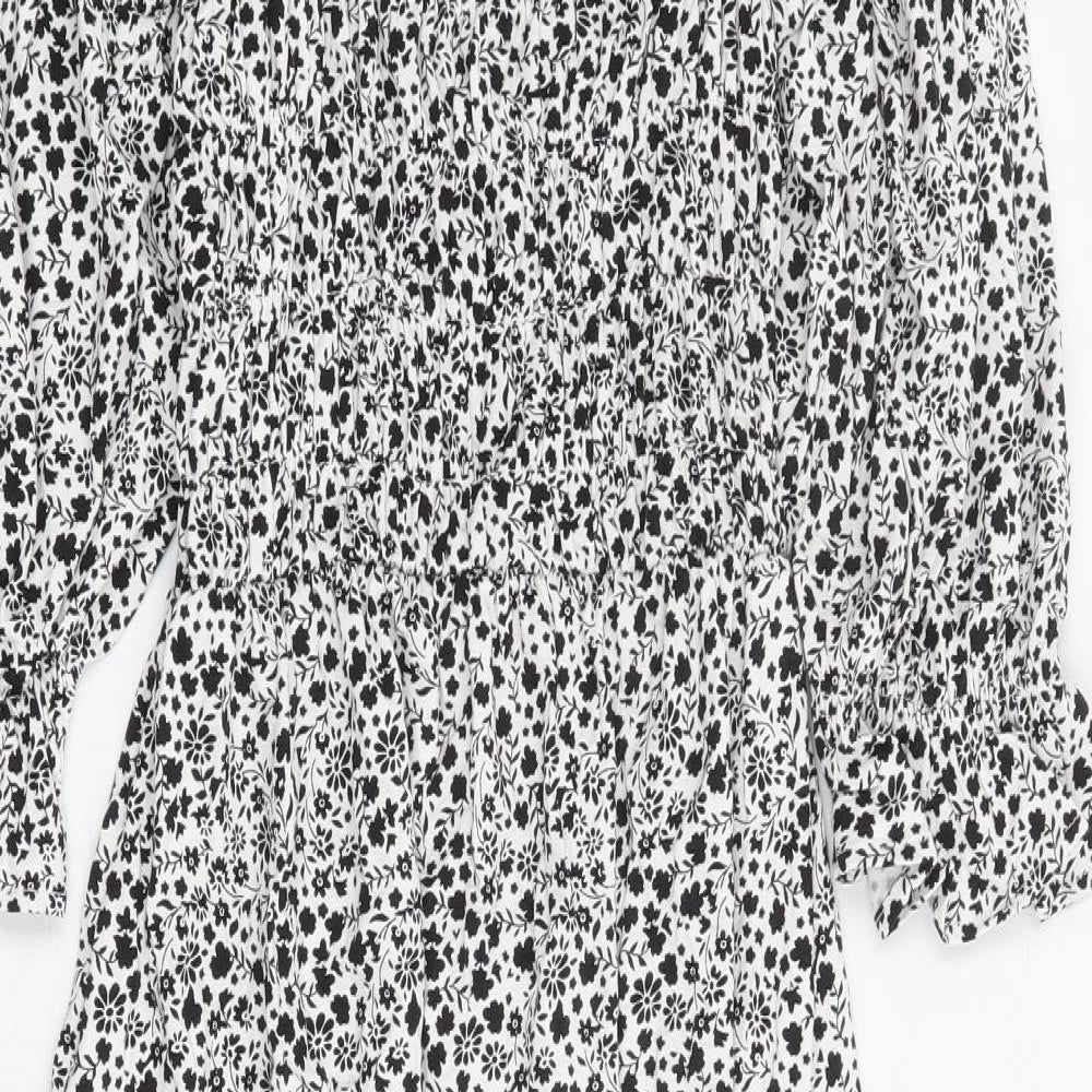 Marks and Spencer Womens White Floral Viscose Fit & Flare Size 6 Square Neck Pullover - Shirred Bust