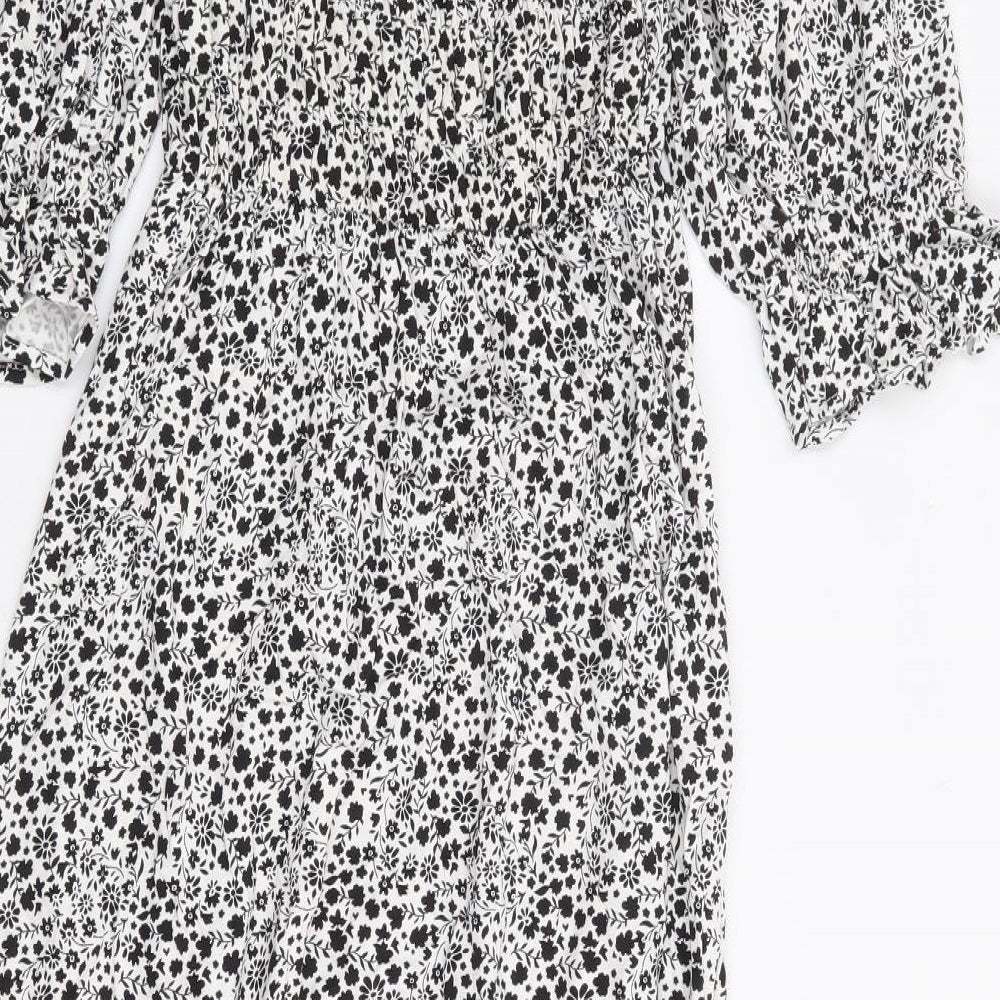 Marks and Spencer Womens White Floral Viscose Fit & Flare Size 6 Square Neck Pullover - Shirred Bust