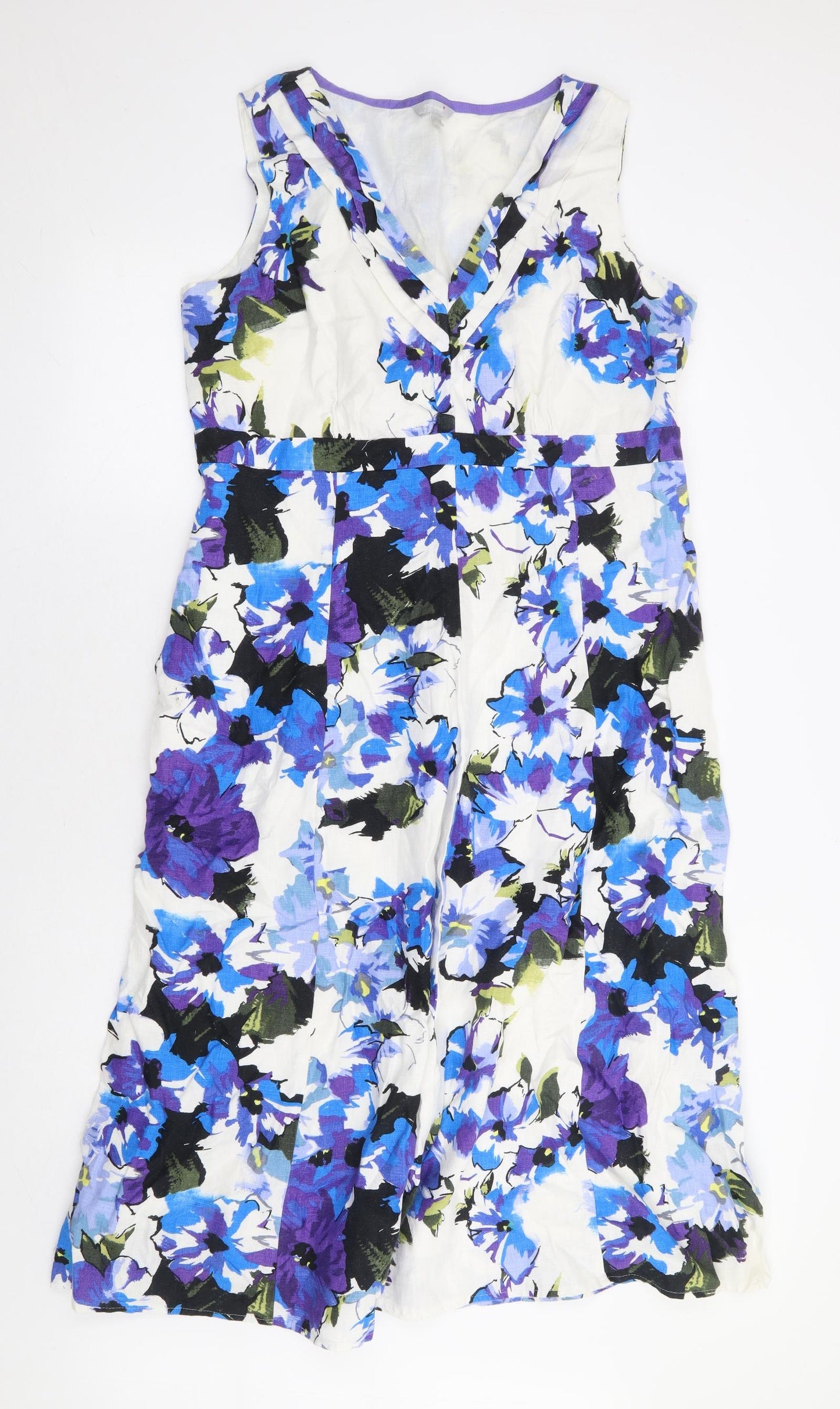 Per Una Womens Multicoloured Floral Linen A-Line Size 16 V-Neck Zip - Long Length