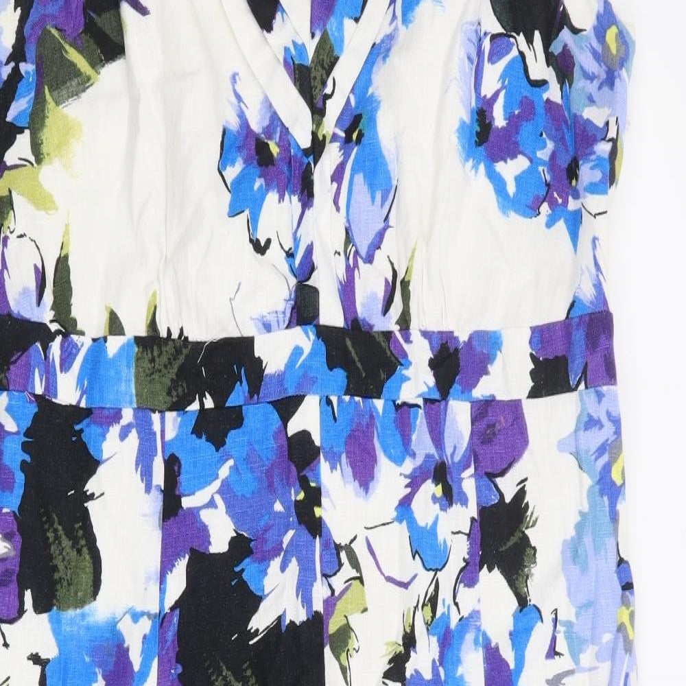 Per Una Womens Multicoloured Floral Linen A-Line Size 16 V-Neck Zip - Long Length