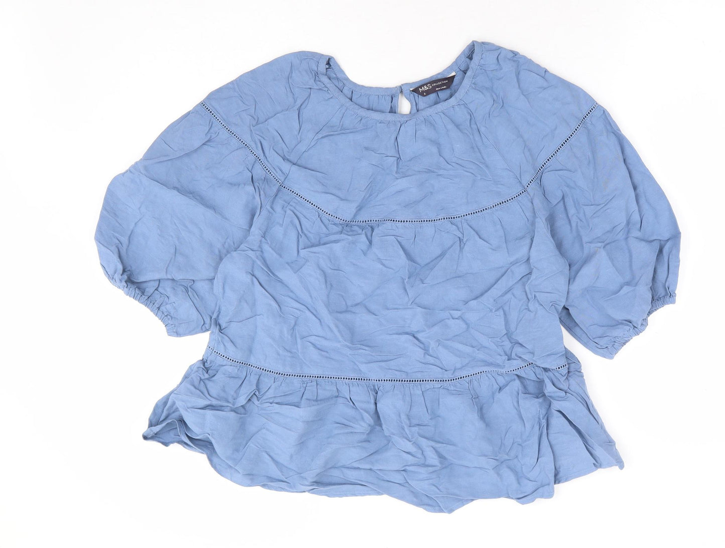 Marks and Spencer Womens Blue Viscose Basic Blouse Size 6 Round Neck - Peplum Smock