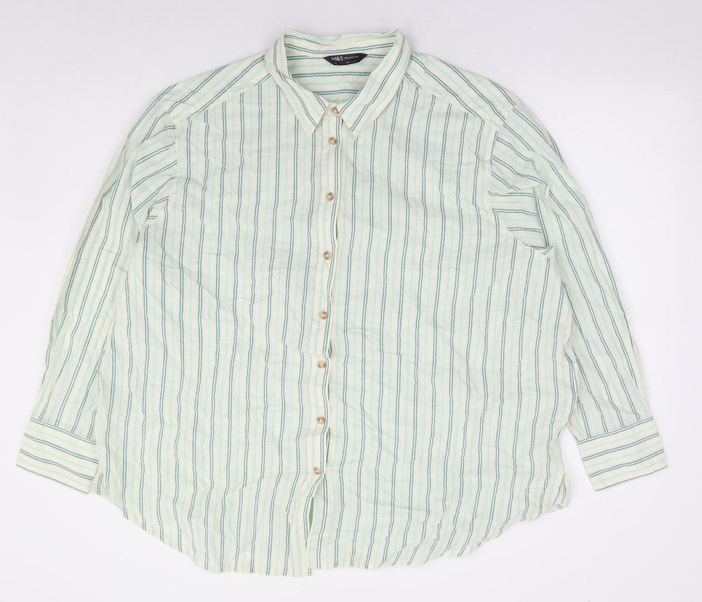 Marks and Spencer Womens Green Striped 100% Cotton Basic Button-Up Size 22 Collared