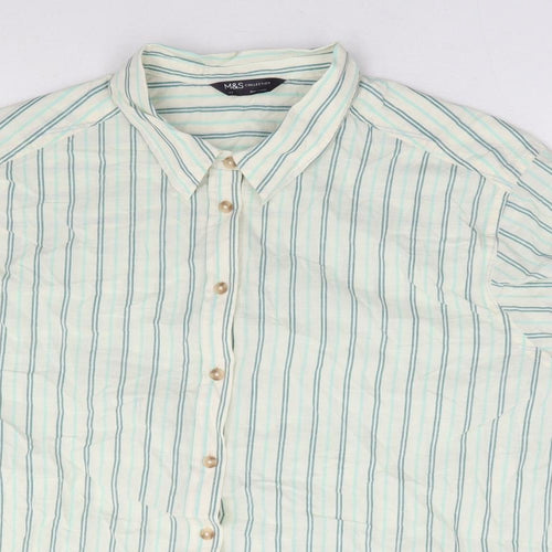 Marks and Spencer Womens Green Striped 100% Cotton Basic Button-Up Size 22 Collared