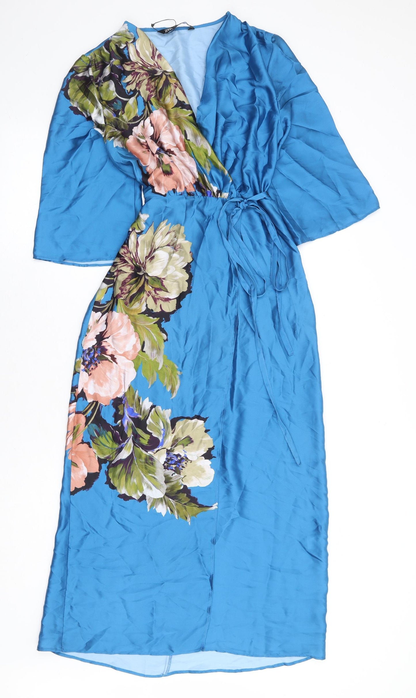 Zara Womens Blue Floral Polyester Wrap Dress Size XS V-Neck Tie