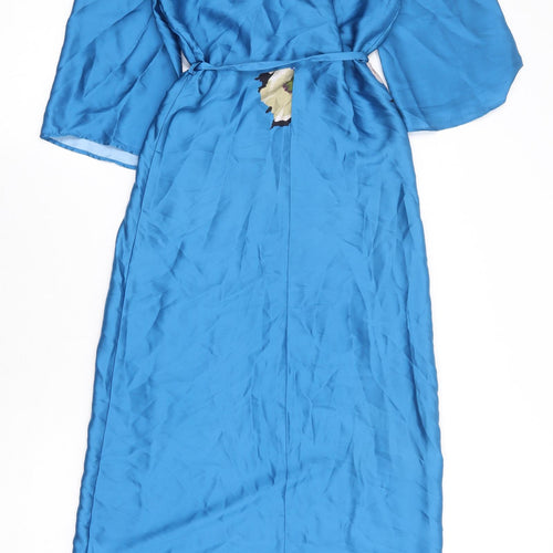 Zara Womens Blue Floral Polyester Wrap Dress Size XS V-Neck Tie