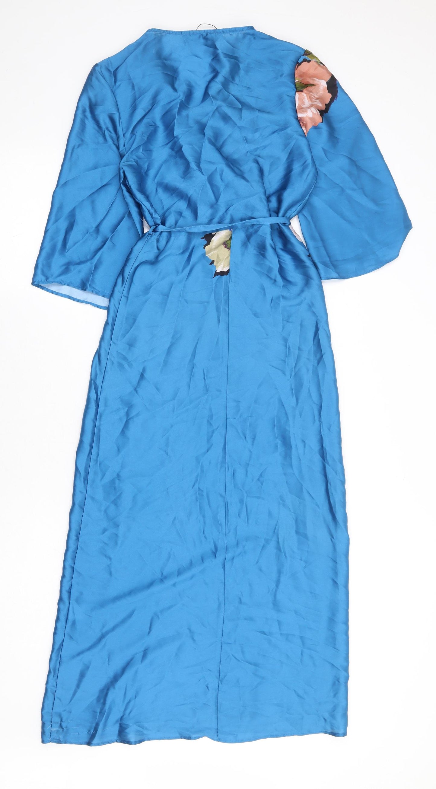 Zara Womens Blue Floral Polyester Wrap Dress Size XS V-Neck Tie