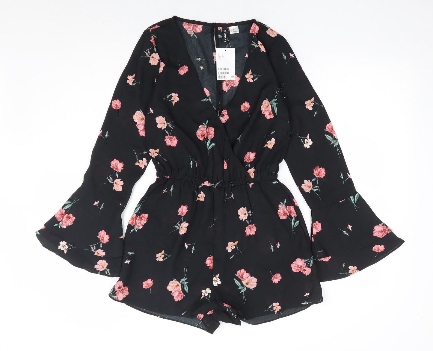H&M Womens Black Floral Polyester Playsuit One-Piece Size 6 Button