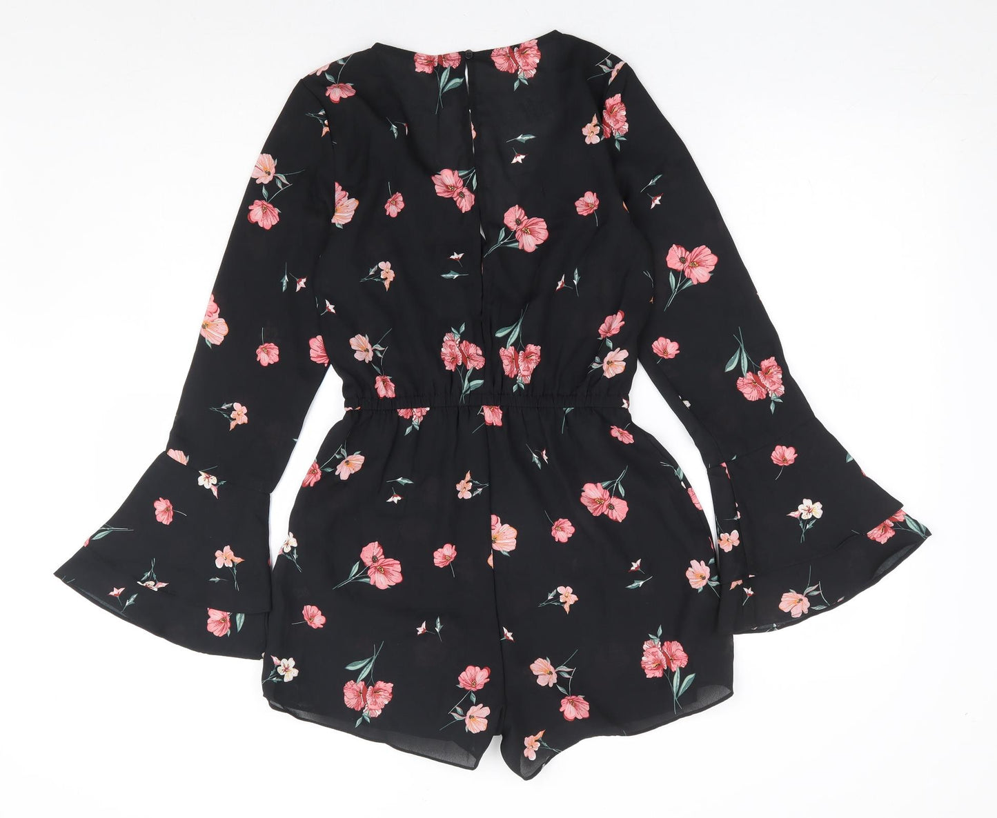 H&M Womens Black Floral Polyester Playsuit One-Piece Size 6 Button