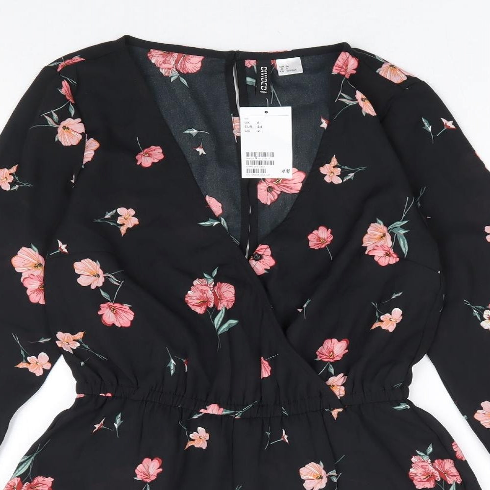 H&M Womens Black Floral Polyester Playsuit One-Piece Size 6 Button