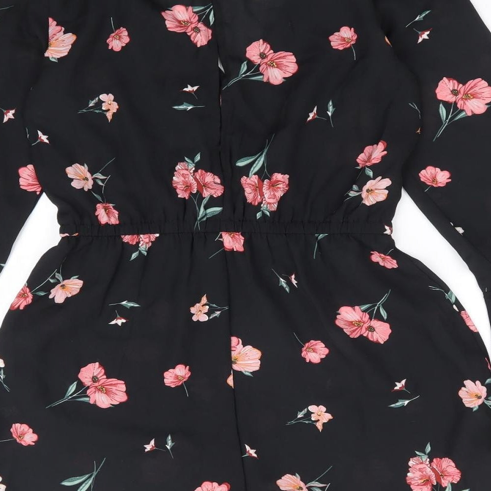H&M Womens Black Floral Polyester Playsuit One-Piece Size 6 Button