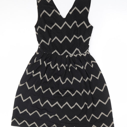 Mela London Womens Black Geometric Polyester Fit & Flare Size 8 V-Neck Zip