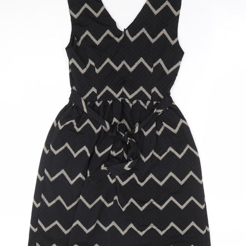 Mela London Womens Black Geometric Polyester Fit & Flare Size 8 V-Neck Zip