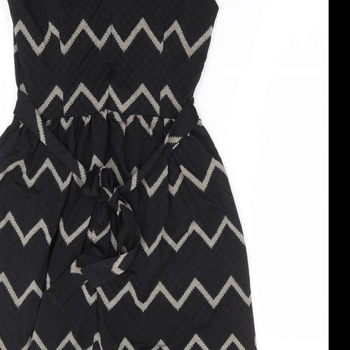 Mela London Womens Black Geometric Polyester Fit & Flare Size 8 V-Neck Zip