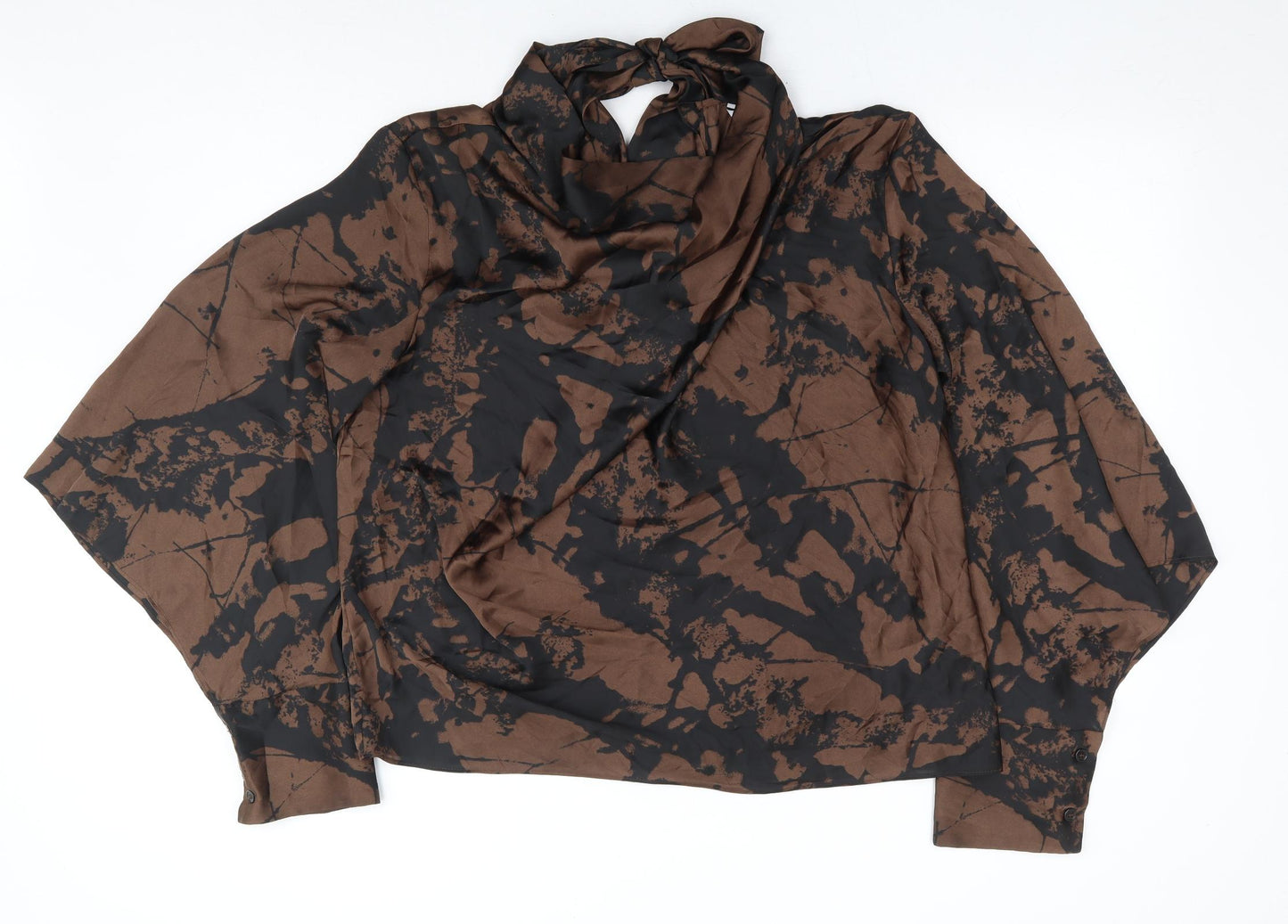 Zara Womens Brown Geometric Polyester Basic Blouse Size 2XL Cowl Neck - Cold Shoulder Arm Detail