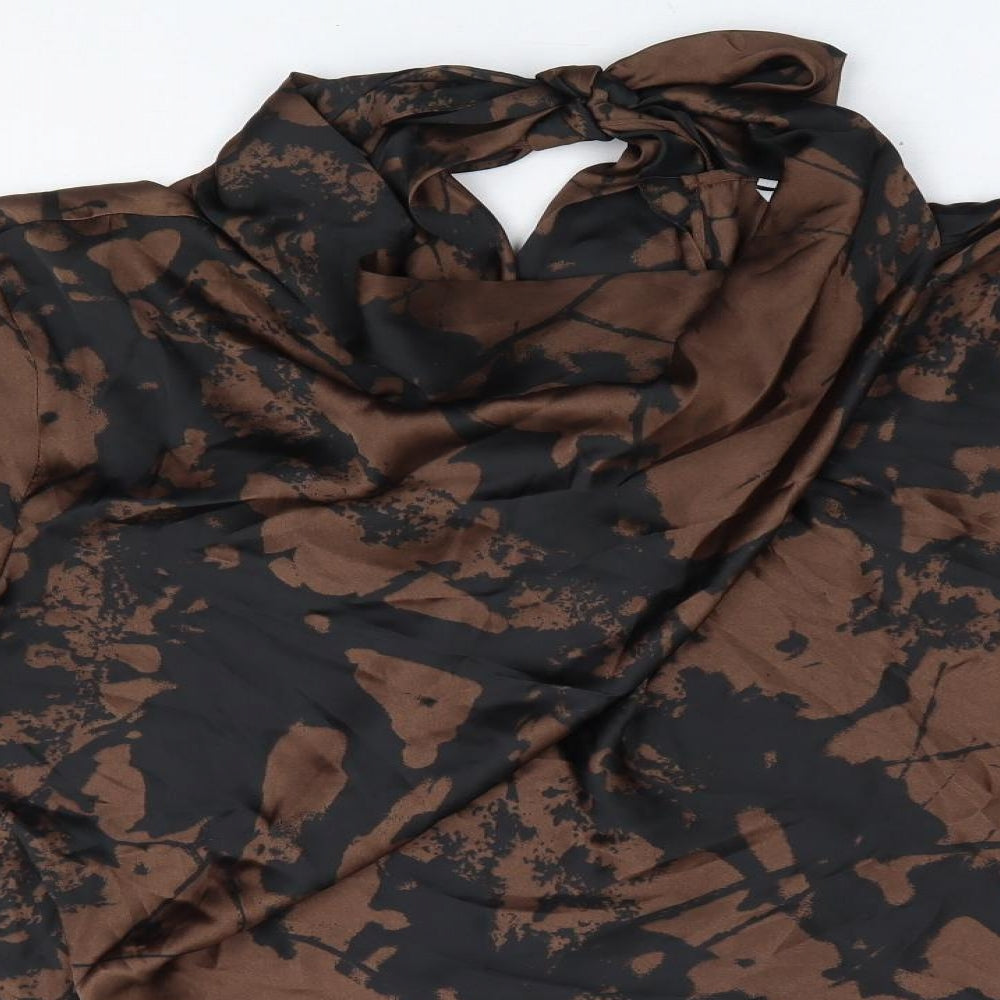 Zara Womens Brown Geometric Polyester Basic Blouse Size 2XL Cowl Neck - Cold Shoulder Arm Detail