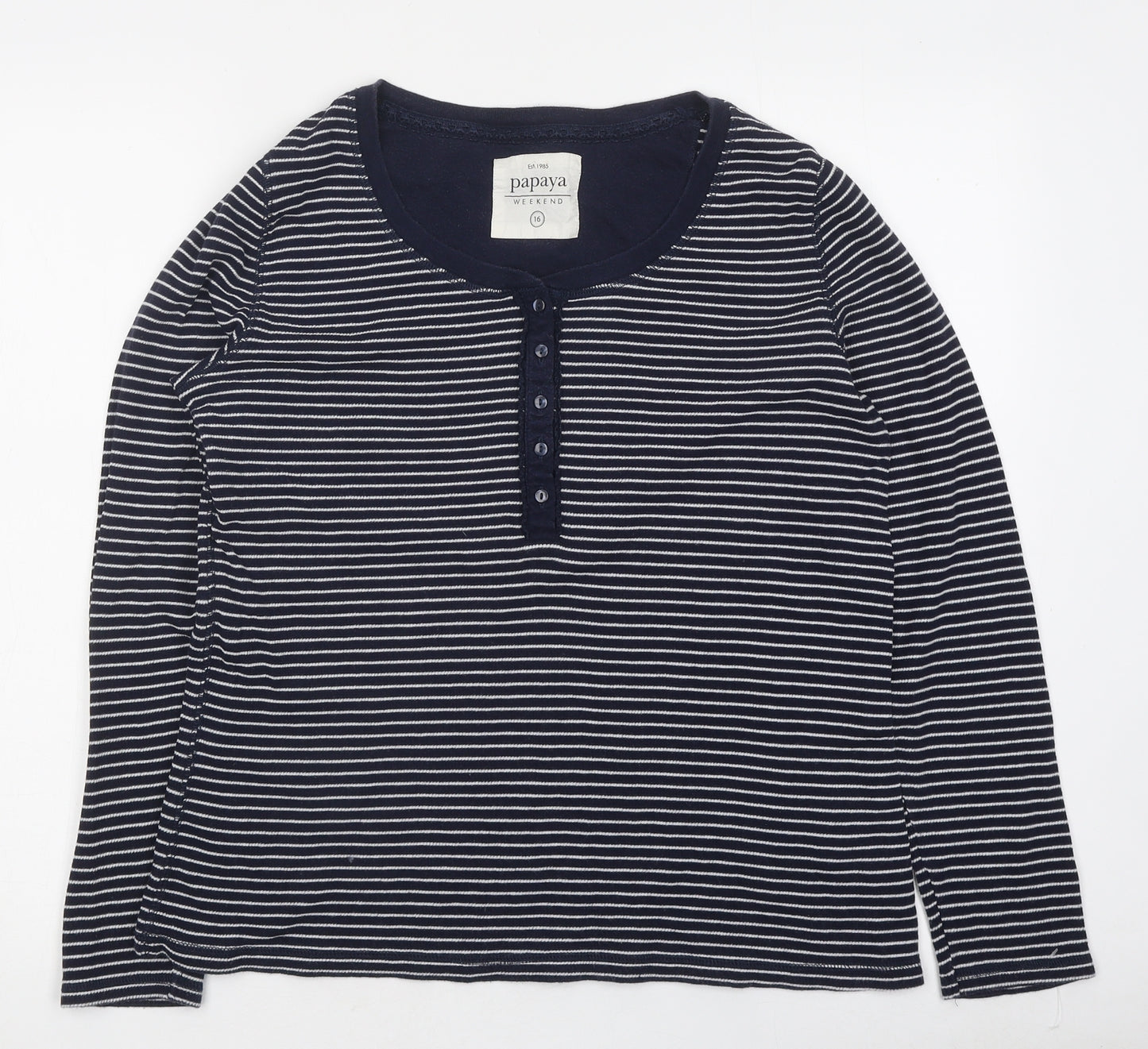 Papaya Womens Black Striped Polyester Basic Button-Up Size 16 Round Neck