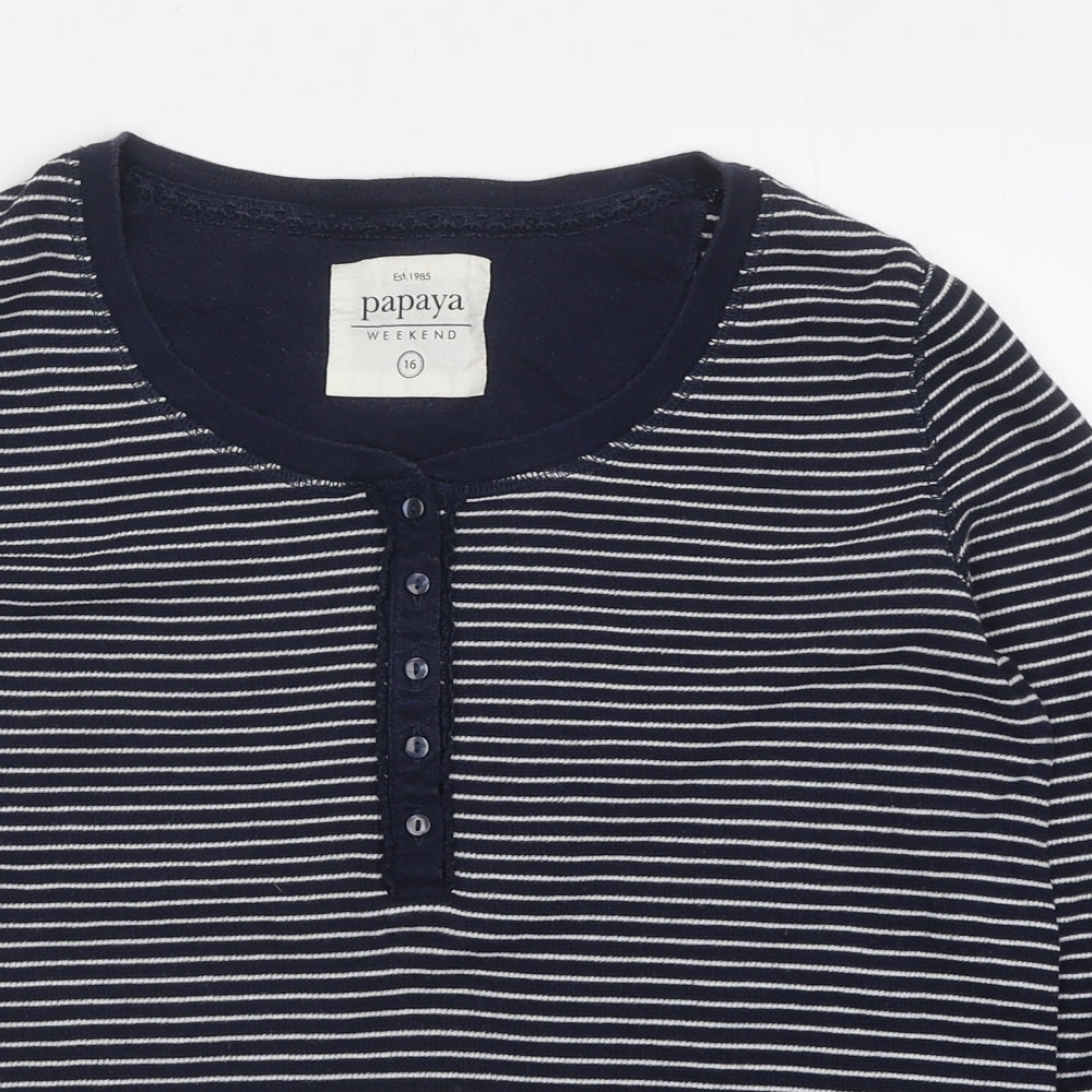 Papaya Womens Black Striped Polyester Basic Button-Up Size 16 Round Neck