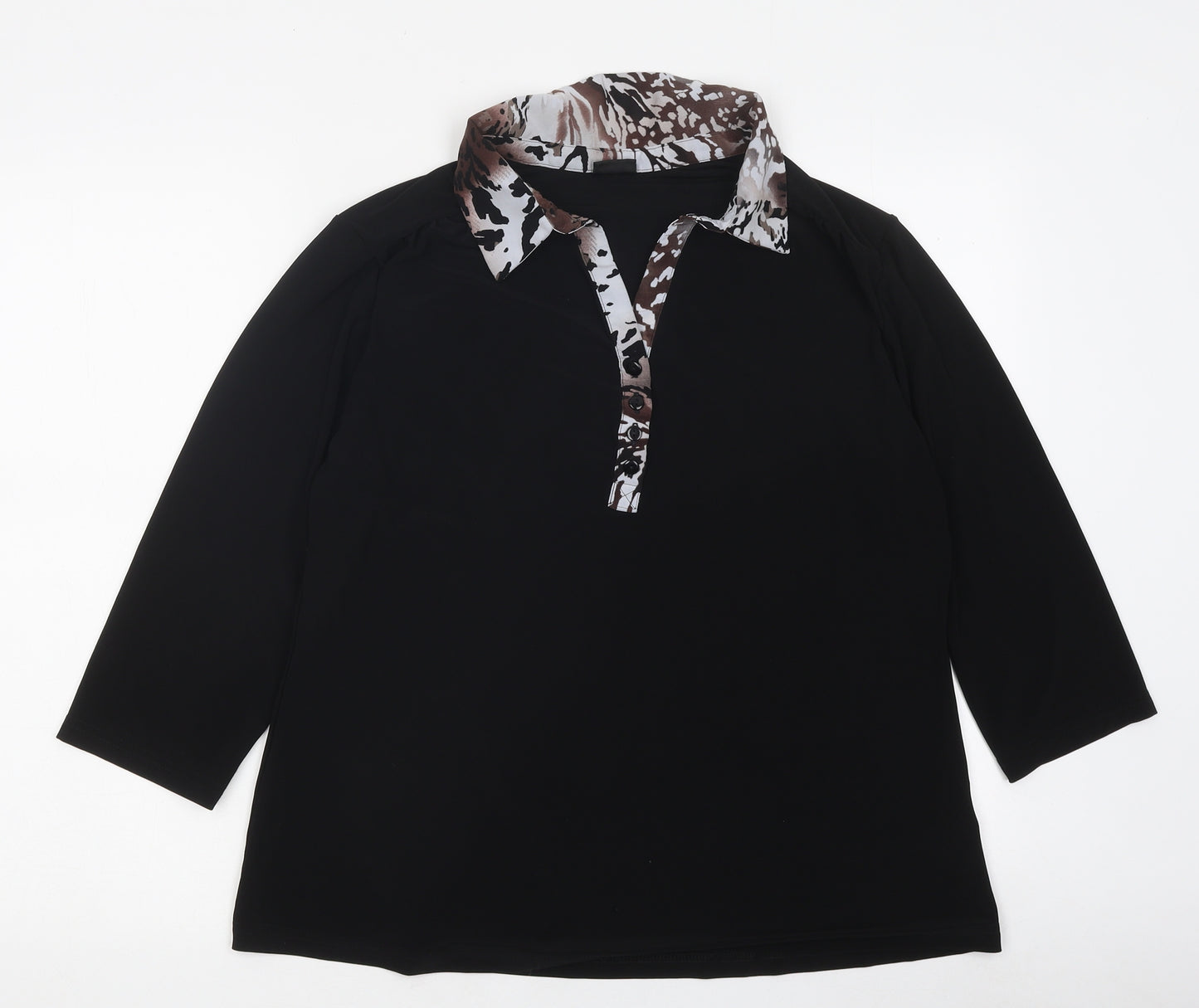Happy D Womens Black Geometric Polyester Basic Blouse Size L Collared