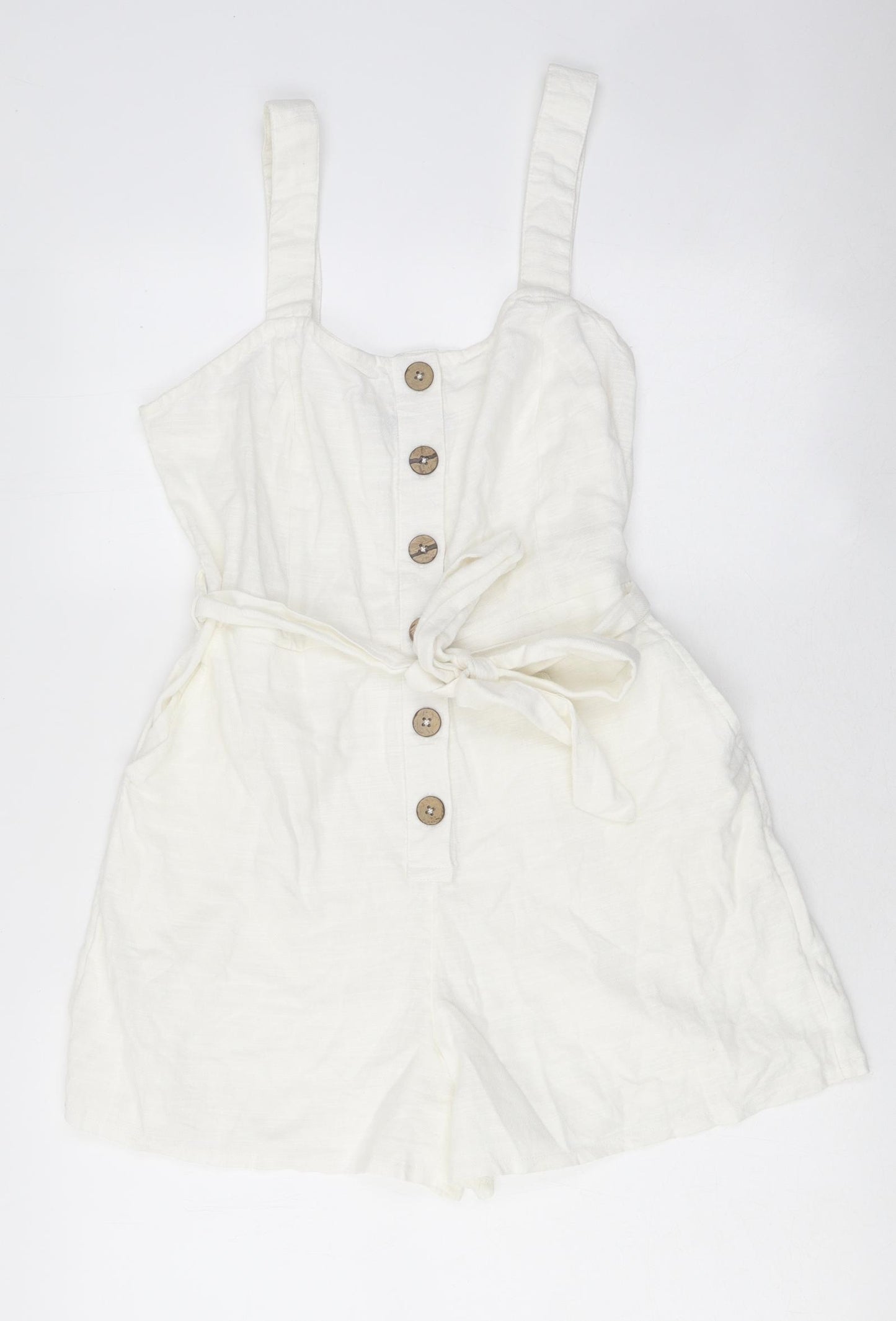New Look Womens White 100% Polyamide Playsuit One-Piece Size 10 L14 in Button - Tie Belt