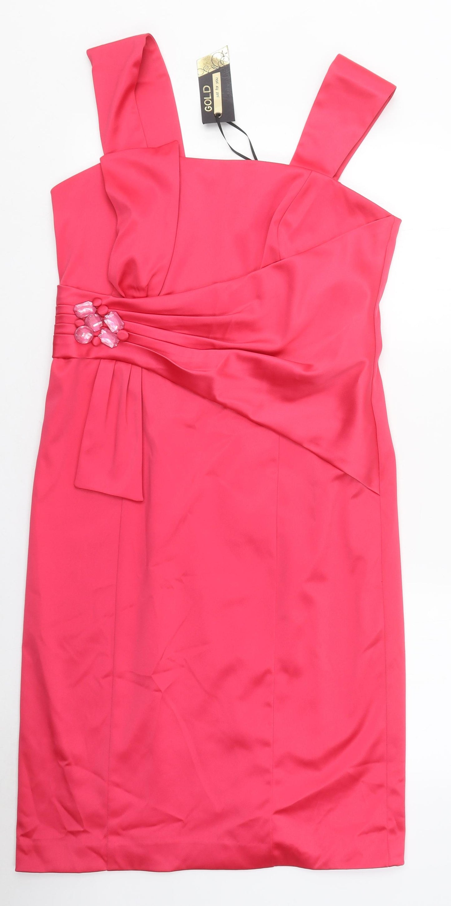 Gold Womens Pink Polyester Ball Gown Size 10 Square Neck Zip
