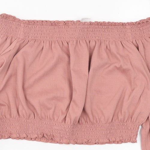 Divided by H&M Womens Pink Polyester Cropped T-Shirt Size S Off the Shoulder - Balloon Sleeves