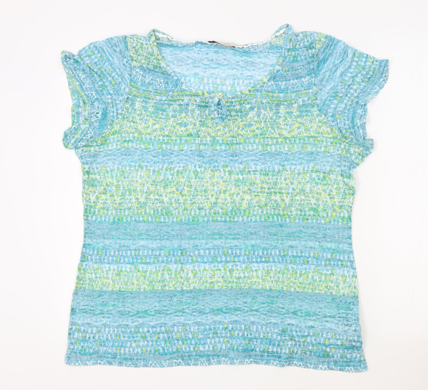 Marks and Spencer Womens Blue Fair Isle Cotton Basic T-Shirt Size 18 Round Neck - Lace Trim