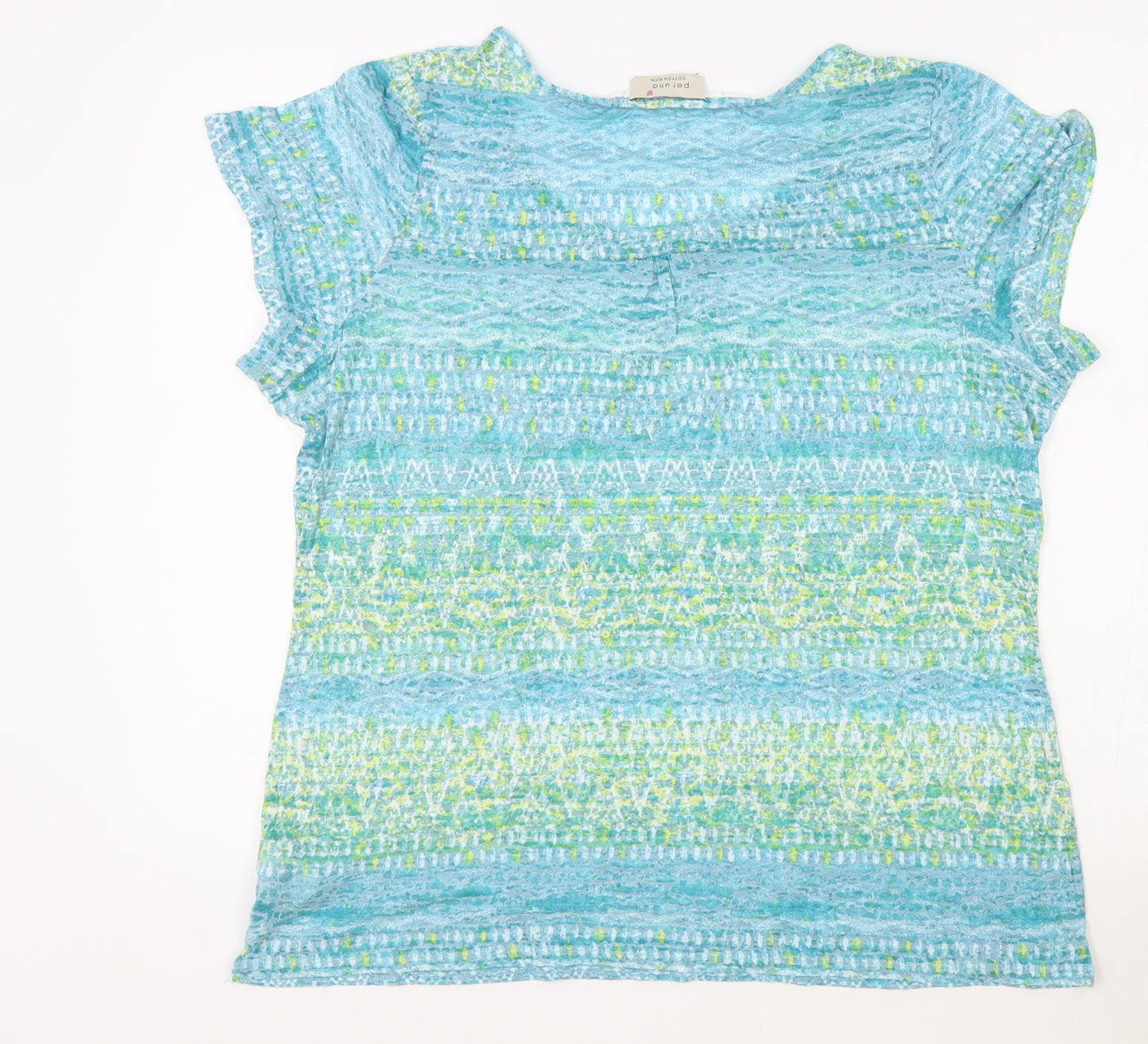 Marks and Spencer Womens Blue Fair Isle Cotton Basic T-Shirt Size 18 Round Neck - Lace Trim