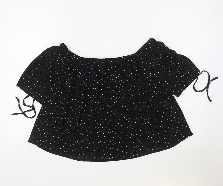 Topshop Womens Black Polka Dot Polyester Cropped T-Shirt Size 14 Boat Neck