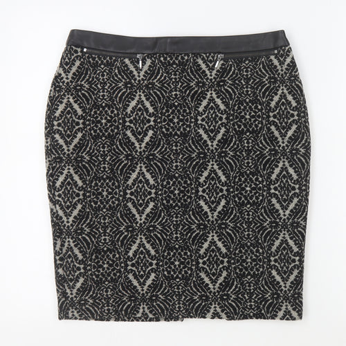 M&Co Womens Black Geometric Polyester Straight & Pencil Skirt Size 10 Zip - Leather Waist