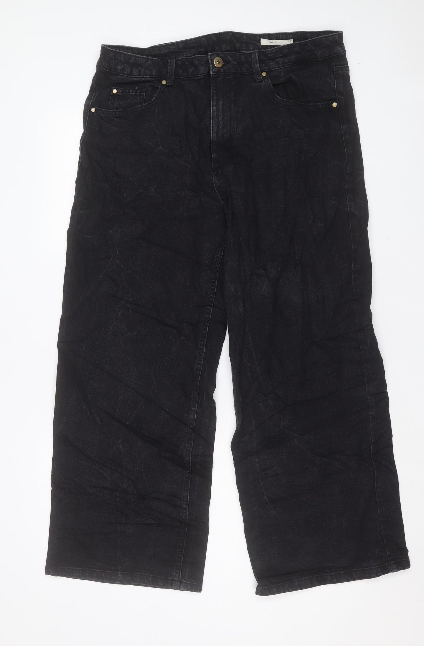 Marks and Spencer Womens Black Cotton Wide-Leg Jeans Size 16 L28 in Regular Button