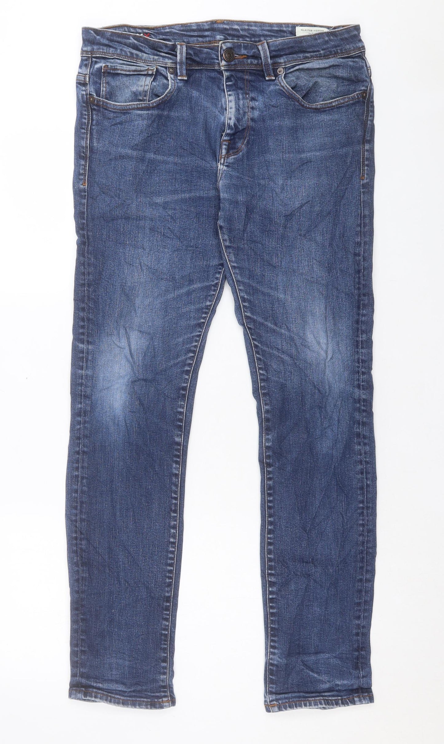 Selected Homme Mens Blue Cotton Straight Jeans Size 32 in L30 in Regular Button