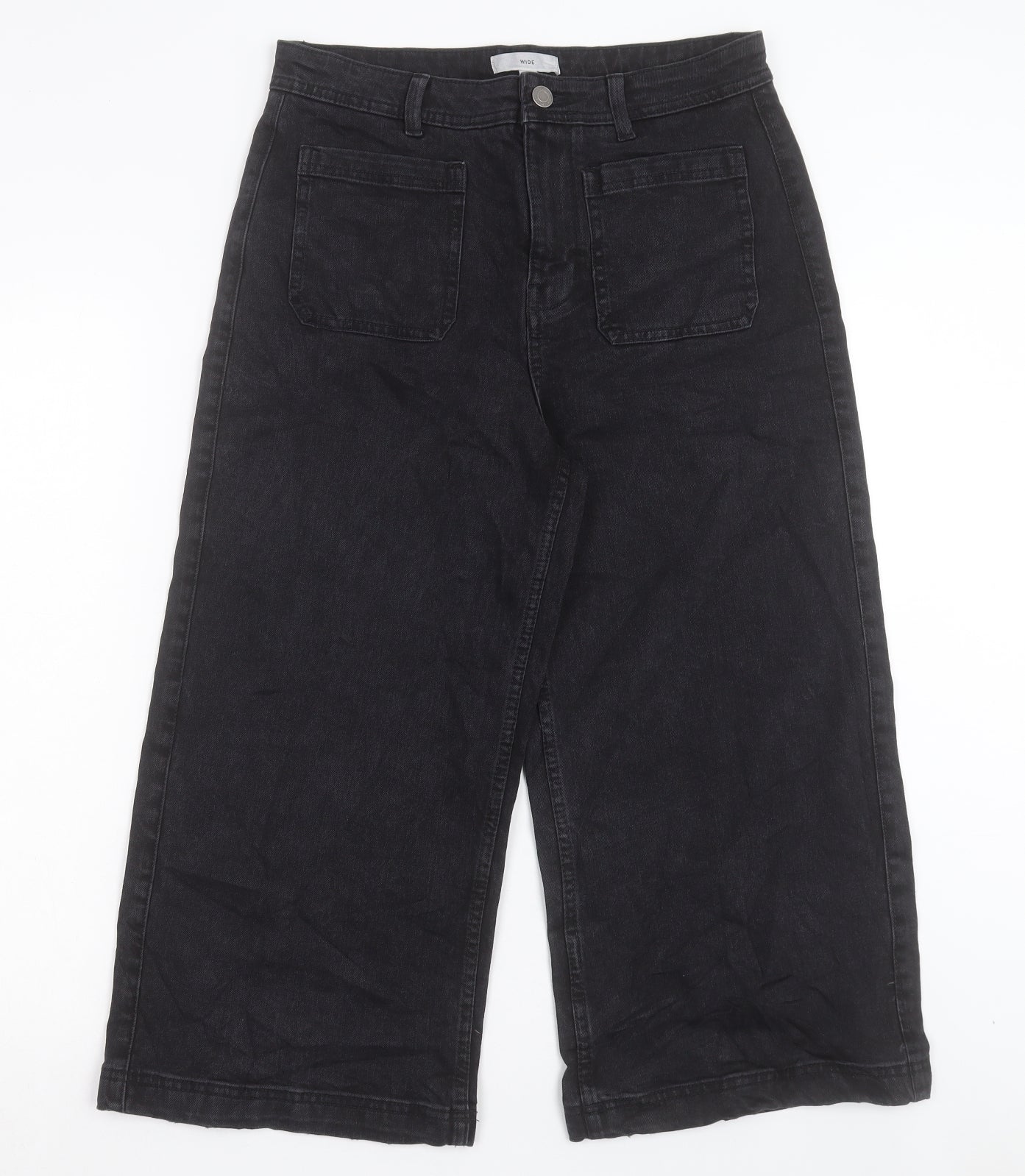 Per Una Womens Black Cotton Wide-Leg Jeans Size 12 L21 in Regular Button - Cropped